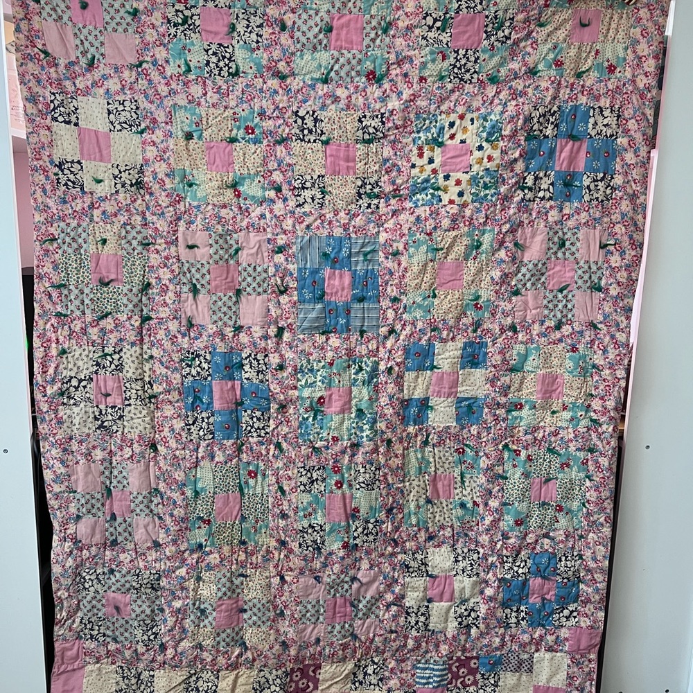 Vintage Pink Patchwork Square Quilt 52" x 72" DIY Upcycle Craft Fabric homemade
